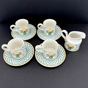 Villeroy & Boch Basket 6" Saucer Teacup Green Lattice Yellow Rim. Set of 2